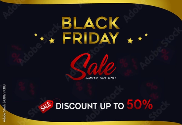 Fototapeta Black Friday super sale limited offer, red and black abstract banner layout in flat Free design Vector template with dark golden background.