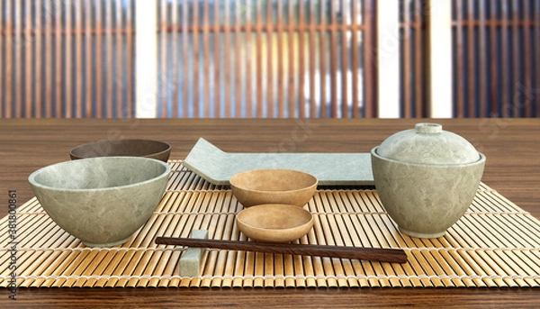 Fototapeta Japanese table setting. Concept image for traditional dining guide or oriental ceramics tableware set with main dish, side dishes, pickle, soup and chopsticks on bamboo mat. 3D rendering.