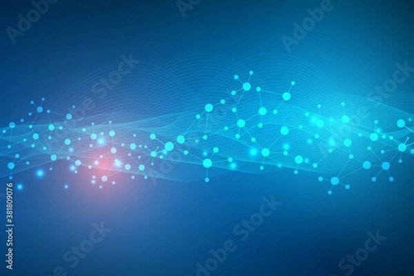 Fototapeta Structure molecule and communication. Dna, atom, neurons. Scientific concept for your design. Connected lines with dots. Medical, technology, chemistry, science background. Vector illustration.