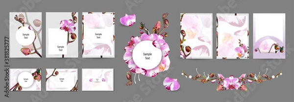 Fototapeta Set of floral botanical design, for poster, card, invitation, flyer, cover, banner, placard, brochure. Minimal modern style frame, composition for text with decorative violet and pink orchid elements.