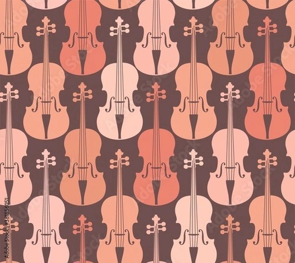 Fototapeta Pink violins, seamless pattern. Pink violins on a gray field. Color, flat decor. Vector.  