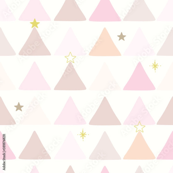 Fototapeta Cute triangle seamless pattern. Colorful pink Christmas trees with stars in white background. Great for winter fabric, textile, holiday wrapping paper, scrapbooking. Surface pattern vector design.