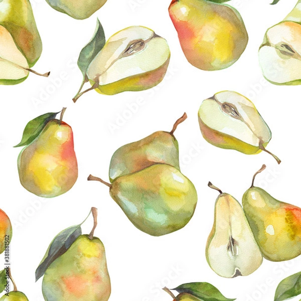 Fototapeta Seamless pattern with watercolor green pears on white background. Fresh textures