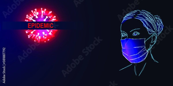 Fototapeta Close up one young woman wearing surgical mask. Abstract polygonal adult man. Isolated low poly wireframe digital vector illustration. Pandemic or Epidemic concept. Virus art