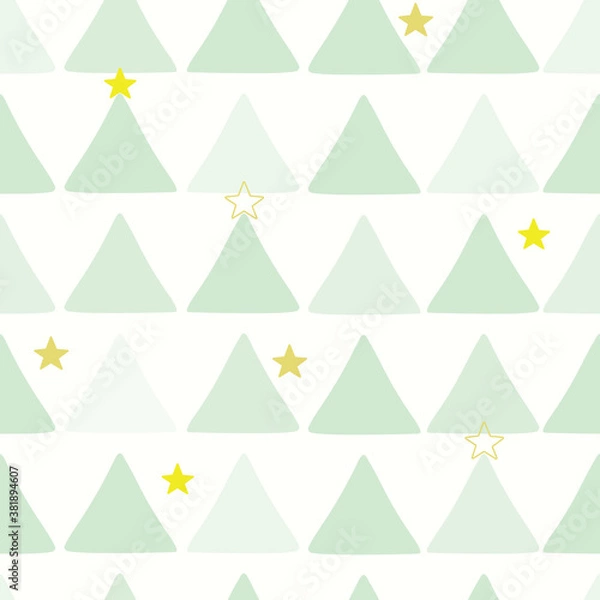 Fototapeta Cute triangle seamless pattern. Green Christmas trees with stars in white background. Great for winter fabric, textile, holiday wrapping paper, scrapbooking. Surface pattern vector design.