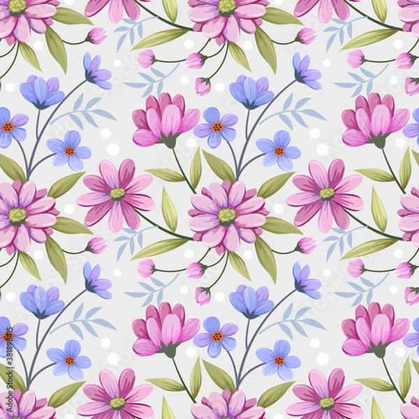 Fototapeta Colorful hand draw flowers seamless pattern for fabric textile wallpaper.