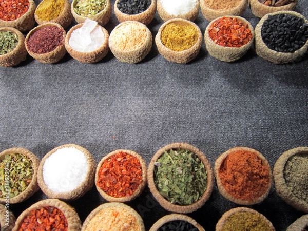 Obraz   spices background, top view. glasses of spices