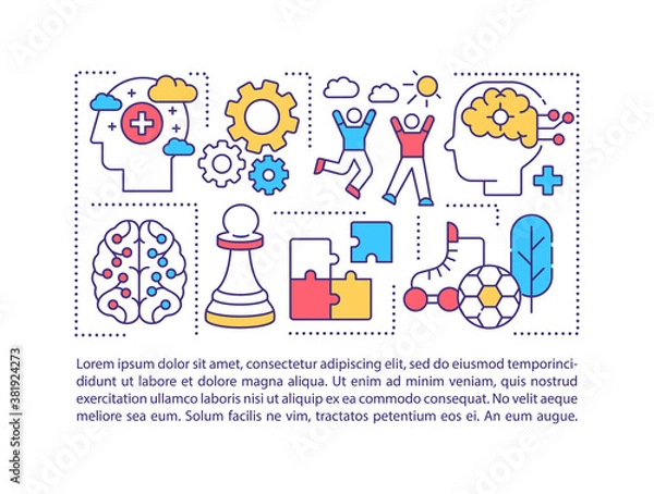 Fototapeta Keeping brain young concept icon with text. Intellectual activities and healthy lifestyle benefits. PPT page vector template. Brochure, magazine, booklet design element with linear illustrations