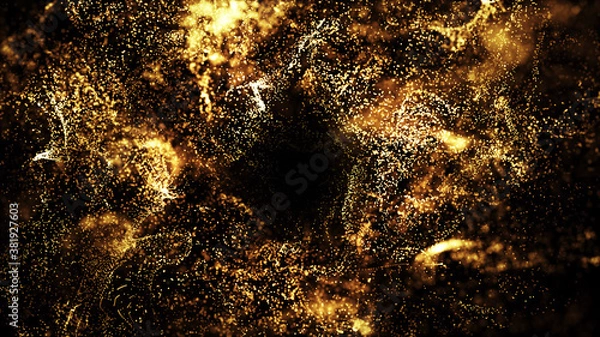 Fototapeta golden particles shining stars dust bokeh glitter awards dust abstract background. Futuristic glittering in space on black background.	
