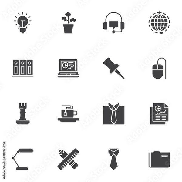 Fototapeta Office business vector icons set, modern solid symbol collection, filled style pictogram pack. Signs, logo illustration. Set includes icons as file folders, laptop with business graph, strategy, lamp