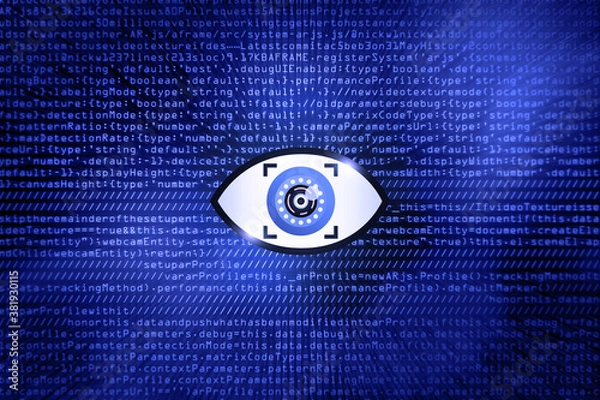 Fototapeta VR AR Concept. Looking through lens with code in the background.