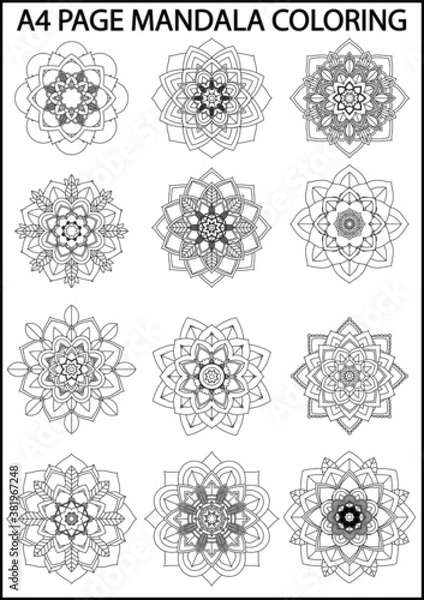 Fototapeta Easy Mandala coloring book simple and basic for beginners, seniors and children. Set of Mehndi flower pattern for Henna drawing and tattoo. Decoration in ethnic oriental, Indian style.