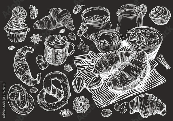 Fototapeta Illustrations in the style of linear drawing. Black and white graphics. Croissants, various pastries, cakes, coffee donuts and mulled wine. Images for menus and banners.