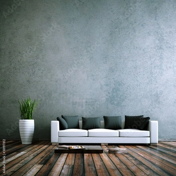 Obraz Projekt obudowy - sofa biała przed betonową ścianą