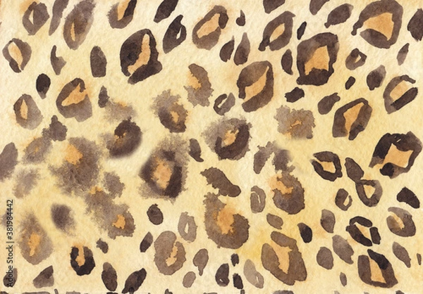 Fototapeta Watercolor abstract background of leopard skin imitation. Wildlife leopard texture. Animals textures pattern. For print, web, banner, postcard, textile.

