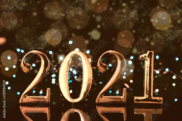 Obraz Christmas year from golden numbers with gold sparkle bokeh abstract background 