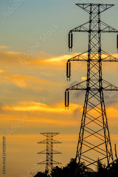 Fototapeta power lines at sunset