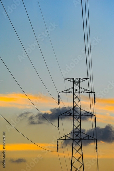 Fototapeta power lines at sunset