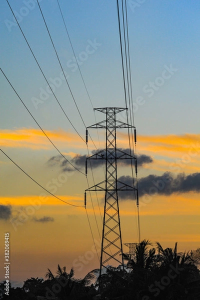 Fototapeta power lines at sunset