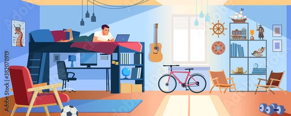 Fototapeta Student Learning Online at Home. Young Teen lying at bunk bed, Looking at Laptop and Studying. Dormitory room interior. Online Education Concept. Stay at home. Cartoon style Vector Illustration