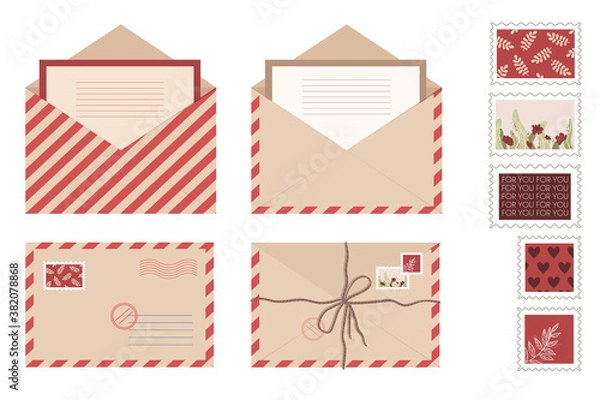 Fototapeta Set romantic kraft envelope letter and post cards. Isolated open envelopes with stamps and seals in flat style. Vector stock illustration.