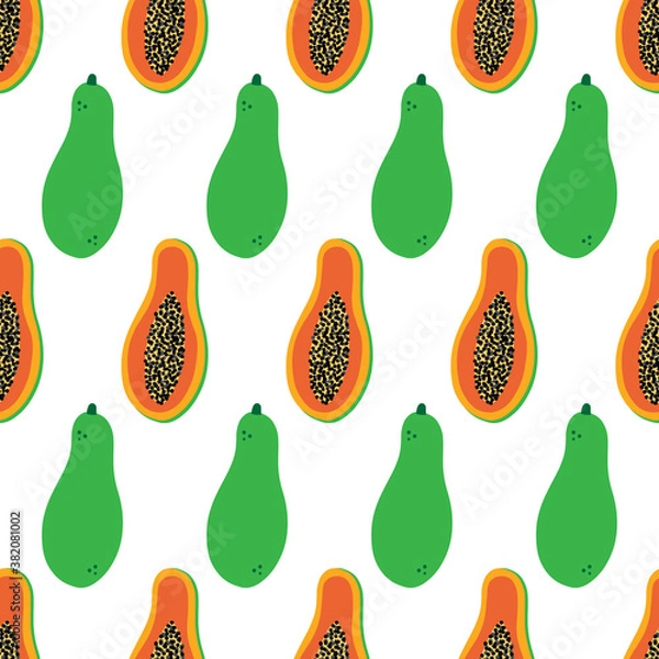 Fototapeta Papaya fruit, whole and cut in half with pulp and seeds vector seamless pattern background.
