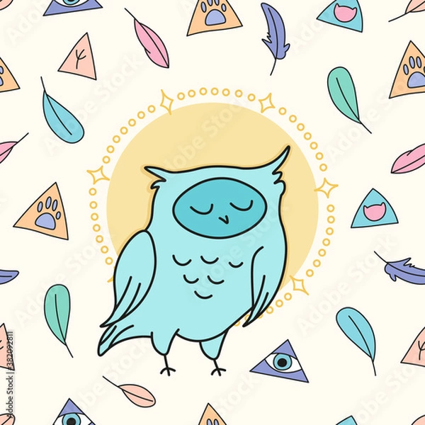 Fototapeta cute cartoon sleepy owl on magic yellow background seamless pattern, hand drawn editable vector illustration