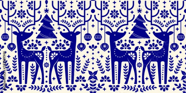 Obraz Christmas pattern with deer that has bohemian/mexican style design. Perfect for holiday wrapping paper, wallpaper, post card, etc