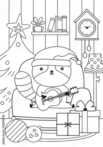 Obraz Christmas coloring page with Little raccoon plays the guitar. Kids Coloring page