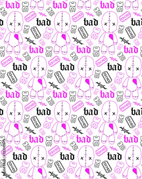 Fototapeta Voodoo doll seamless pattern in pink and black colors 