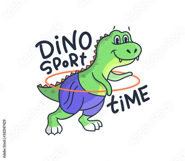 Fototapeta The cute woman dino does fitness exercises. Cartoonish sport dinosaur 
