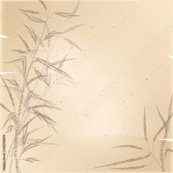 Fototapeta Prints of bamboo stems and leaves on old antique paper. Texture in grunge style. Vector illustration. Vintage background.