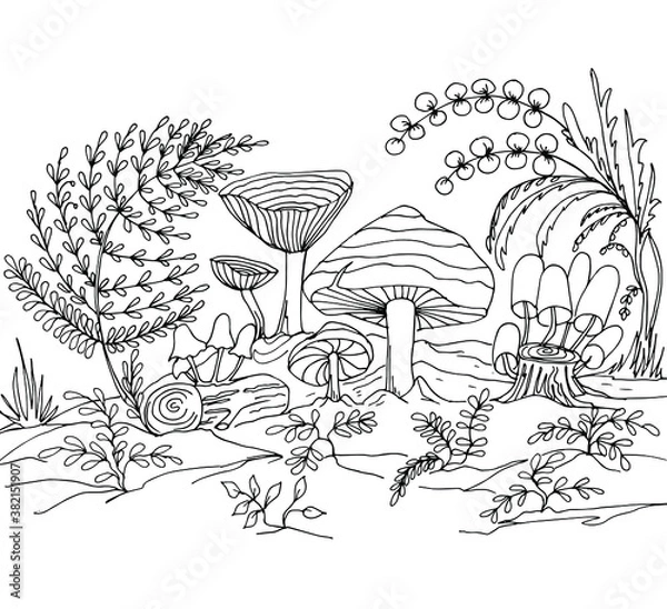 Fototapeta Coloring autumn forest glade with different mushrooms, toadstools, berries, stumps, firewood. Vector illustration for a book, greeting card, poster, sticker, design, wallpaper, game.