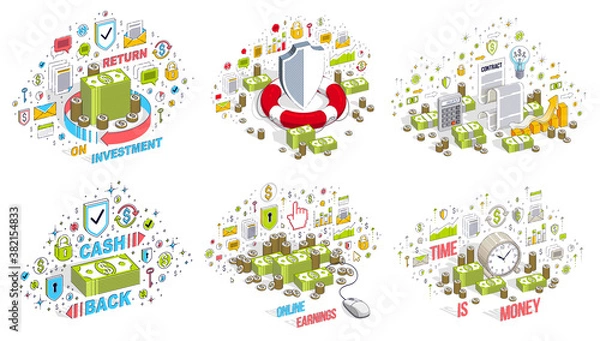 Fototapeta Different finance concepts illustrations 3D vector set isolated on white background, business and money conceptual designs collection, savings, bank, contract, income, safety, online.
