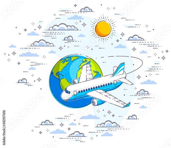 Fototapeta Ilustracja podróży lotniczych linii lotniczych z samolotem pasażerskim i planetą Ziemią na niebie otoczonym chmurami. Wektor piękna cienka linia na białym tle nad białym tle.