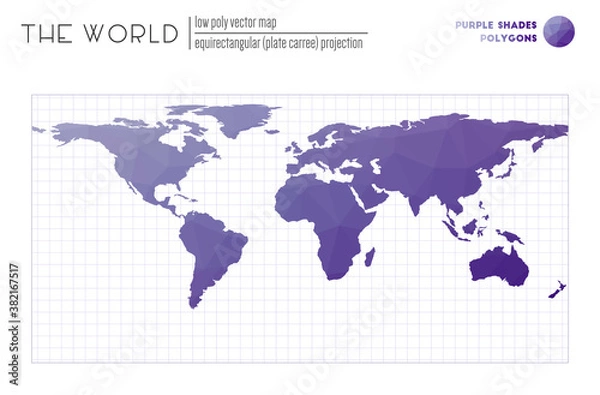 Fototapeta World map in polygonal style. Equirectangular (plate carree) projection of the world. Purple shades colored polygons. Elegant vector illustration.