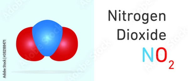 Fototapeta Nitrogen Dioxide (NO2) gas molecule. Space filling model. Structural Chemical Formula and Molecule Model. Chemistry Education