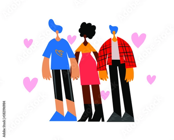 Fototapeta Polyamorous polygamous family. Two men and one woman hugging each other. Nonmonogamous relationship concept. LGBTQ pride. Vector flat illustration.