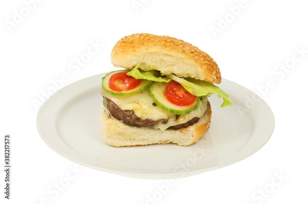Fototapeta Cheese burger on a plate