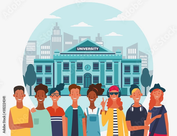 Obraz Group of young people. Communication, teamwork and connection vector concept. Back to school design illustration