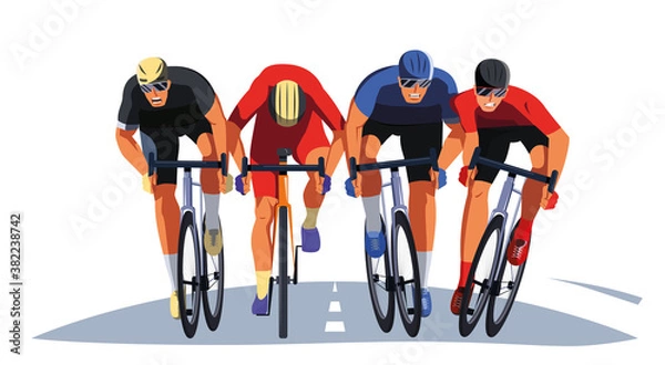 Fototapeta Men's bicycle race. Cyclists at the finish line are fighting for the victory. Final sprint front view. Athletes on bikes are finishing the race and pushing each other with elbows. Vector flat design