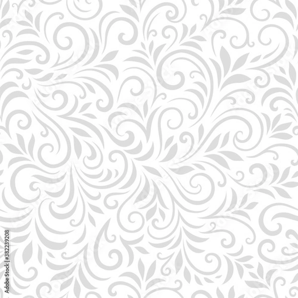 Fototapeta Vector seamless pattern with leaves and curls. Monochrome abstract floral background. Stylish monochrome texture.