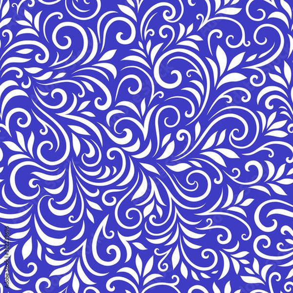 Fototapeta Vector seamless pattern with leaves and curls. Monochrome abstract floral background. Stylish monochrome texture.