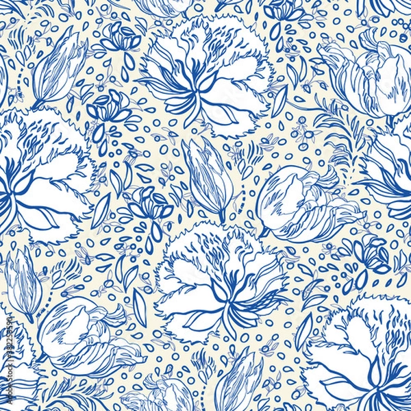 Fototapeta Retro porcelanowy niebieski wzór kwiatowy. Wektor vintage, styl wiejski, ręcznie rysowane bukiet kwiatów. Kwieciste grafiki liniowej na białym tle. Elegancki charakter tła. Idealny do wystroju domu, tkaniny i prezentu