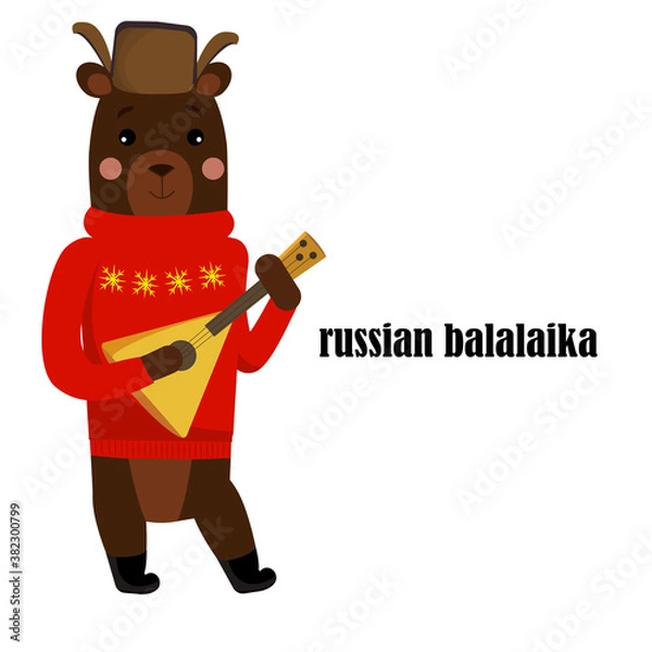 Obraz Russian bear with a balalaika and a hat with earflaps.