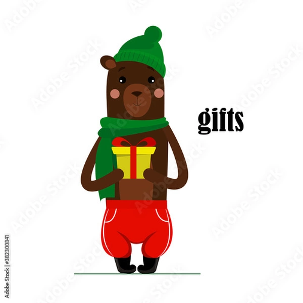 Obraz bear in red trousers, green scarf and hat holding a gift