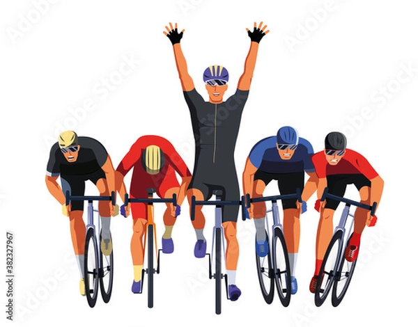 Fototapeta Men s bicycle race. Cyclists at the finish line are fighting for the victory. Final sprint front view. Athletes on bikes are finishing the race and pushing each other with elbows. Vector flat design