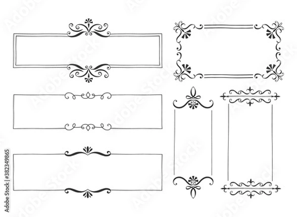 Fototapeta Set of rectangle vintage frames. Decorative hand drawn borders. Vector isolated illustration.