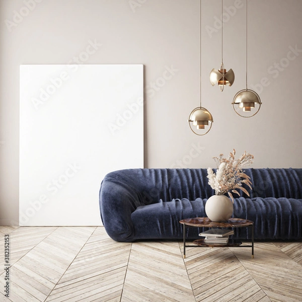 Fototapeta mock up poster frame in modern interior background, living room, Scandinavian style, 3D render, 3D illustration