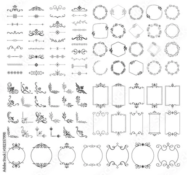 Fototapeta Set of vintage design elements. Corners, frames, dividers. Page and text decorative elements. Vector isolated illustration.